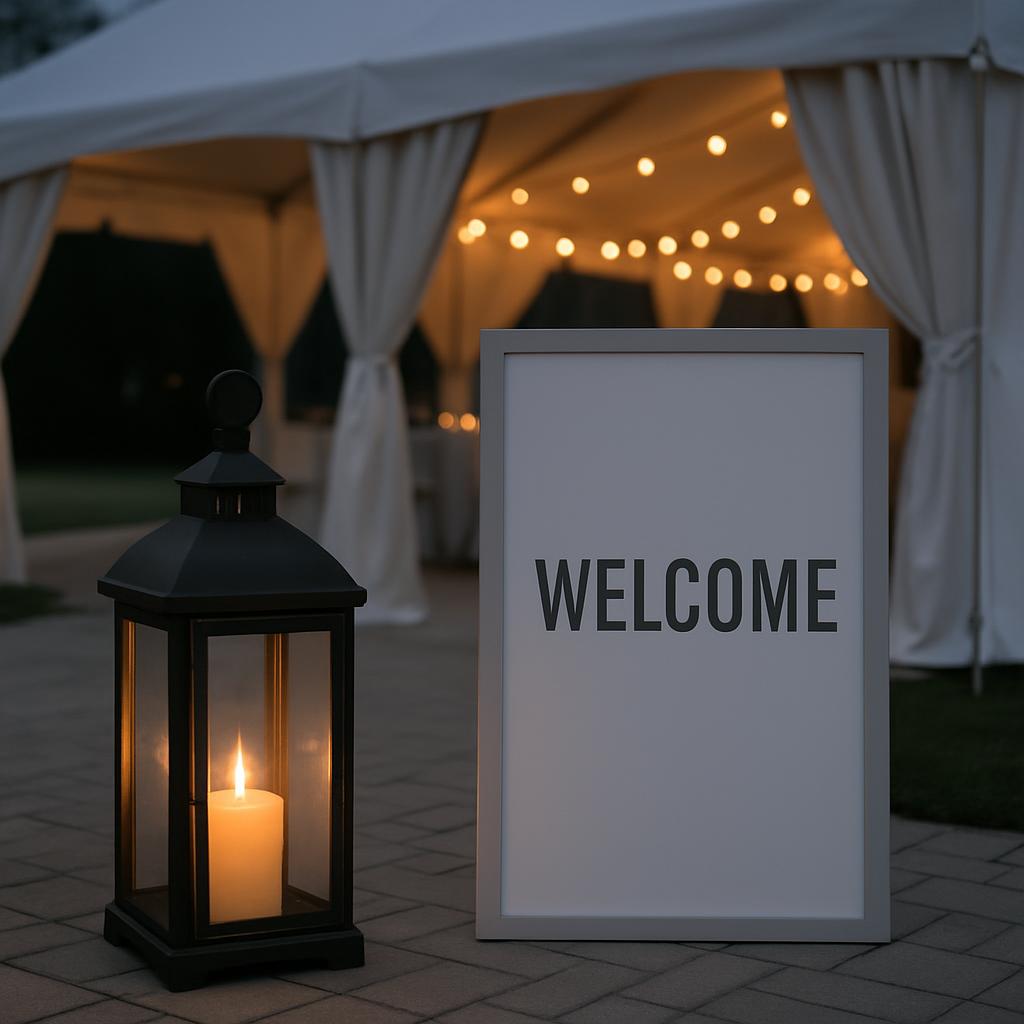 The welcome sign, a candle lantern, and a large tent with white drapery and string lights.