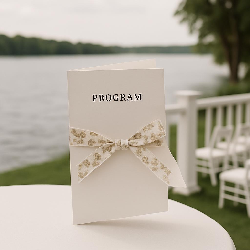 Picture of a beige wedding program with a bow on a table next to a lake and chairs in a park.
