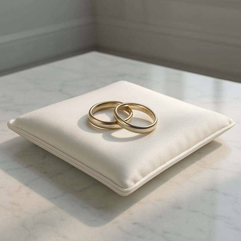 Two gold rings on a square cream pillow cushion with a white warp, rotated 90° counter-clockwise onto right side and facin...