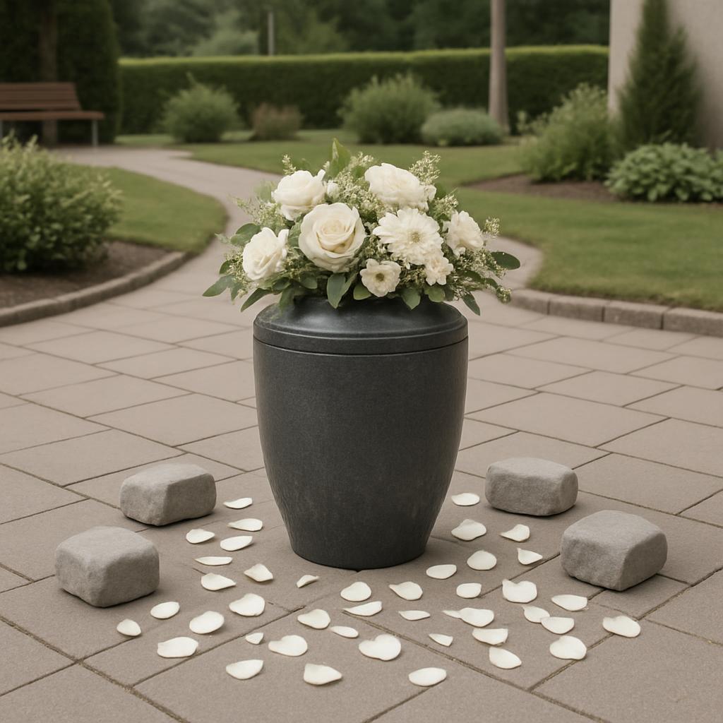 A large vase filled with white flowers stands on a grey brick patio surrounded by grey stones, small tiles with flower pet...