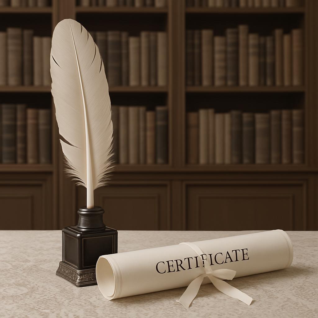A still life of a feather in an inkwell, a certificate, and bookshelves in the background.