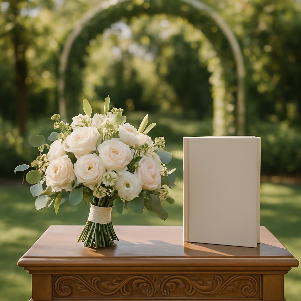 A bouquet of white flowers and a book on an ornate table, with an arch in the background.