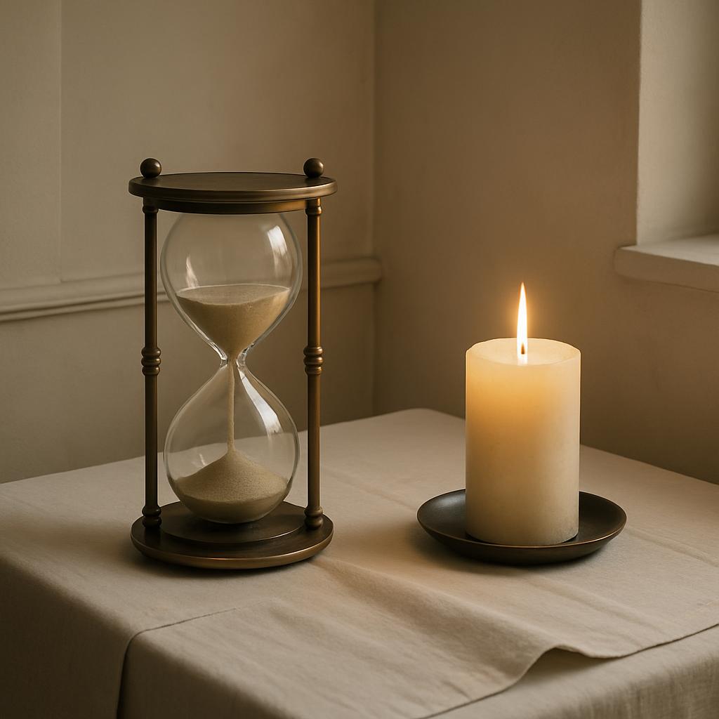An antique hourglass beside a lit candle on a linen tablecloth. The room's beam of natural light is warm, and the setting ...